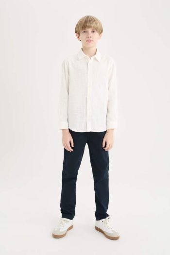 Boys' Long Sleeve Polo Collar Linen Look Shirt