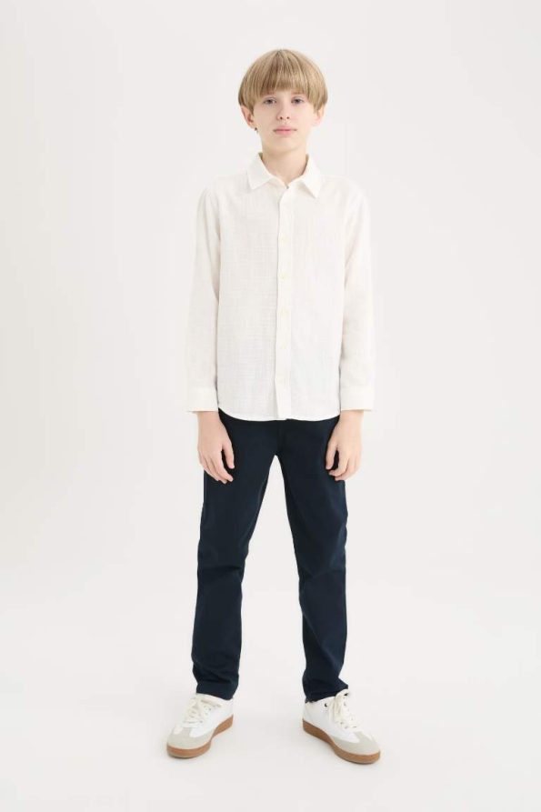 Boys' Long Sleeve Polo Collar Linen Look Shirt