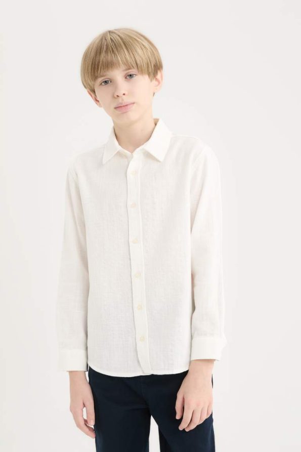 Boys' Long Sleeve Polo Collar Linen Look Shirt
