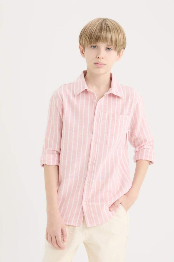 Boys' Striped Long Sleeve Polo Shirt in Linen Blend