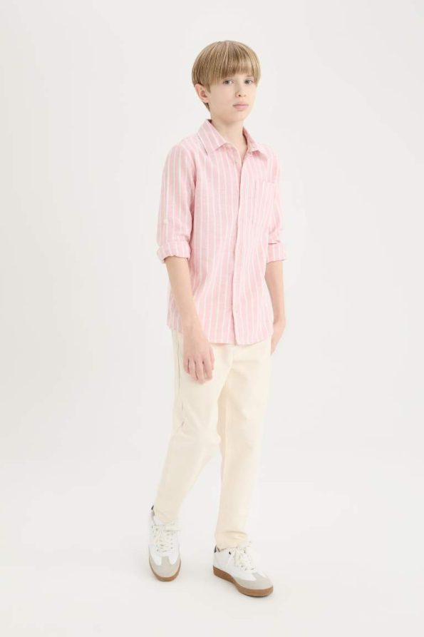Boys' Striped Long Sleeve Polo Shirt in Linen Blend