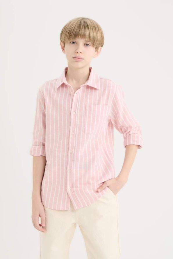 Boys' Striped Long Sleeve Polo Shirt in Linen Blend