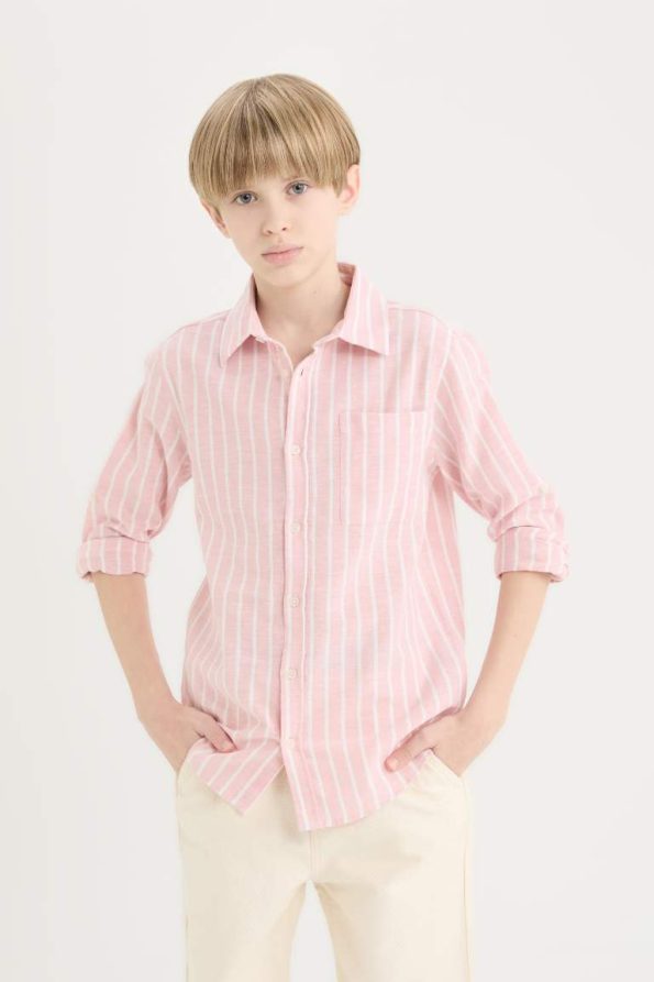 Boys' Striped Long Sleeve Polo Shirt in Linen Blend