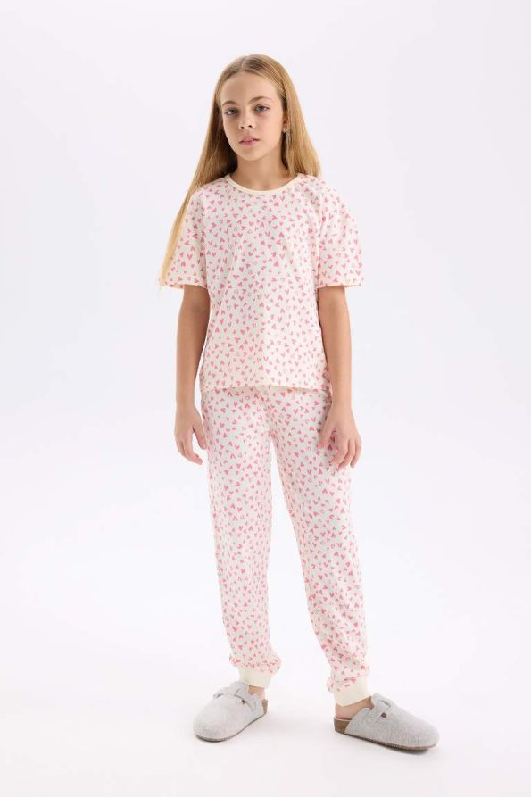 Girls' Heart Pattern Short Sleeve Pajama Set with Long Pants