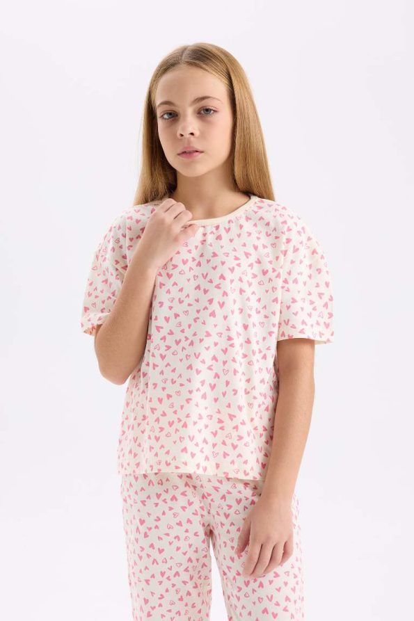 Girls' Heart Pattern Short Sleeve Pajama Set with Long Pants