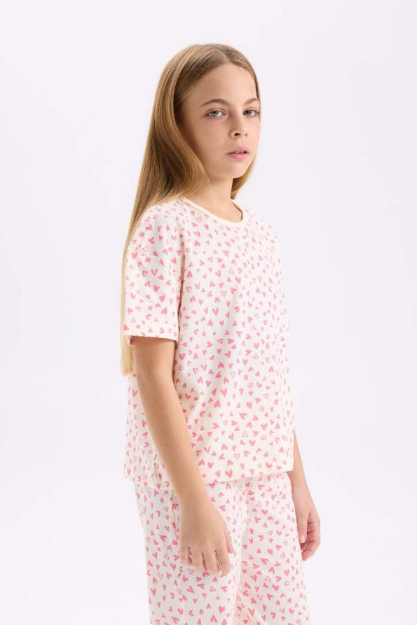 Girls' Heart Pattern Short Sleeve Pajama Set with Long Pants
