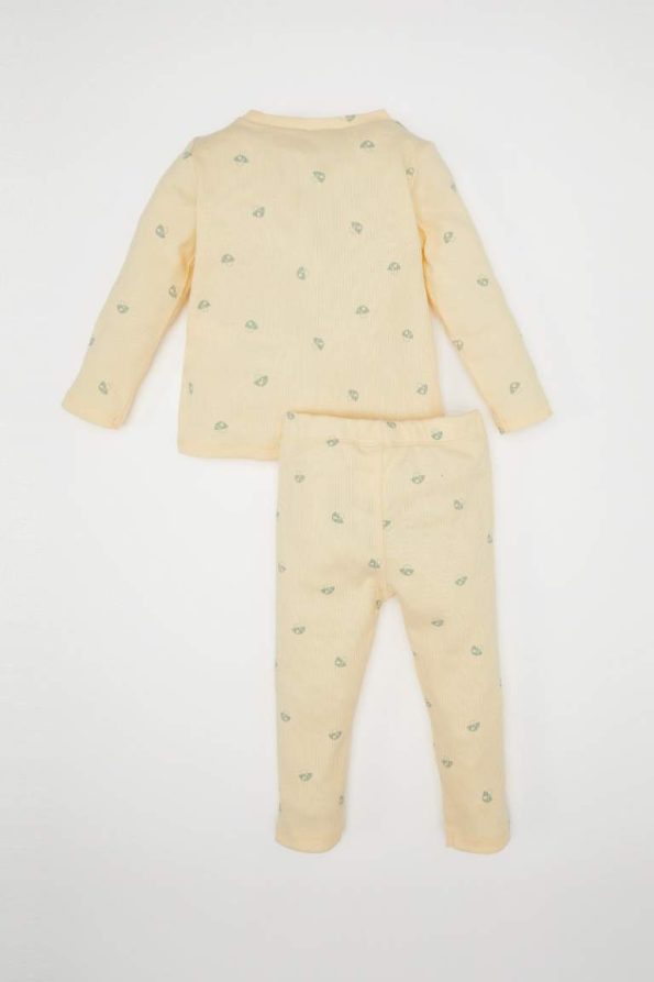 Girls' Pajama Set with Patterned Long Sleeve Ribbed Top and Elastic Waist Long Pants