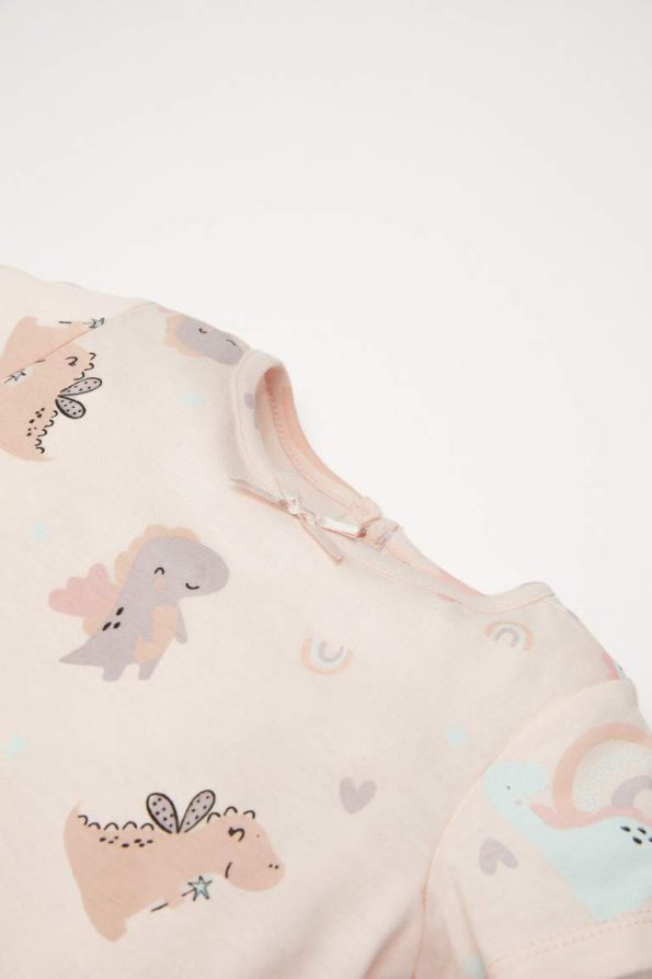 Girls' Dinosaur Print Short Sleeve Pajama Set with Elastic Waist Shorts