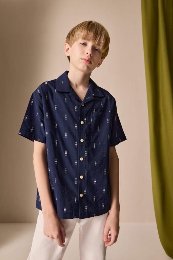 Boys' Oversized Polo Collar Embroidered Short Sleeve Shirt
