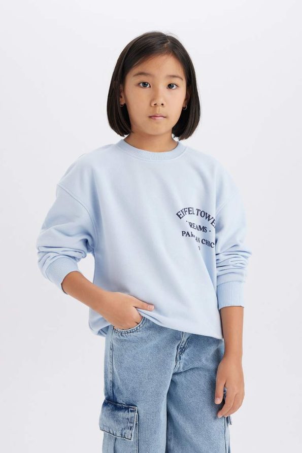 Girls' Relaxed Fit Printed Crew Neck Sweatshirt