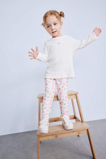Girls' Long Sleeve Printed Ribbed T-Shirt with Crew Neck
