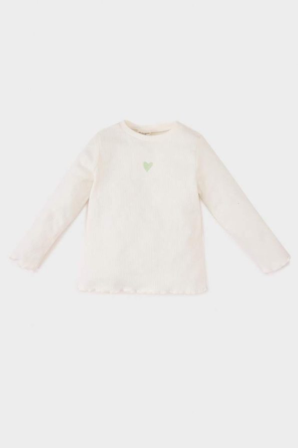 Girls' Long Sleeve Printed Ribbed T-Shirt with Crew Neck