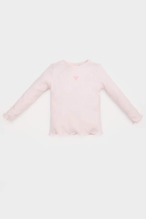 Girls' Long Sleeve Ribbed T-Shirt with Heart Print