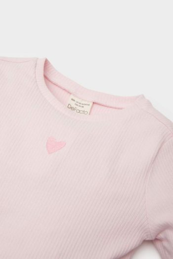 Girls' Long Sleeve Ribbed T-Shirt with Heart Print
