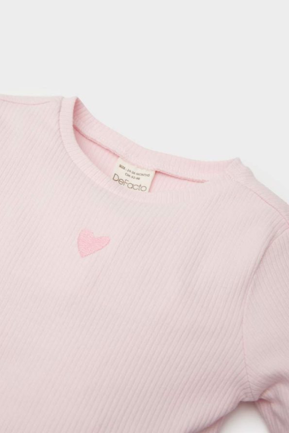 Girls' Long Sleeve Ribbed T-Shirt with Heart Print
