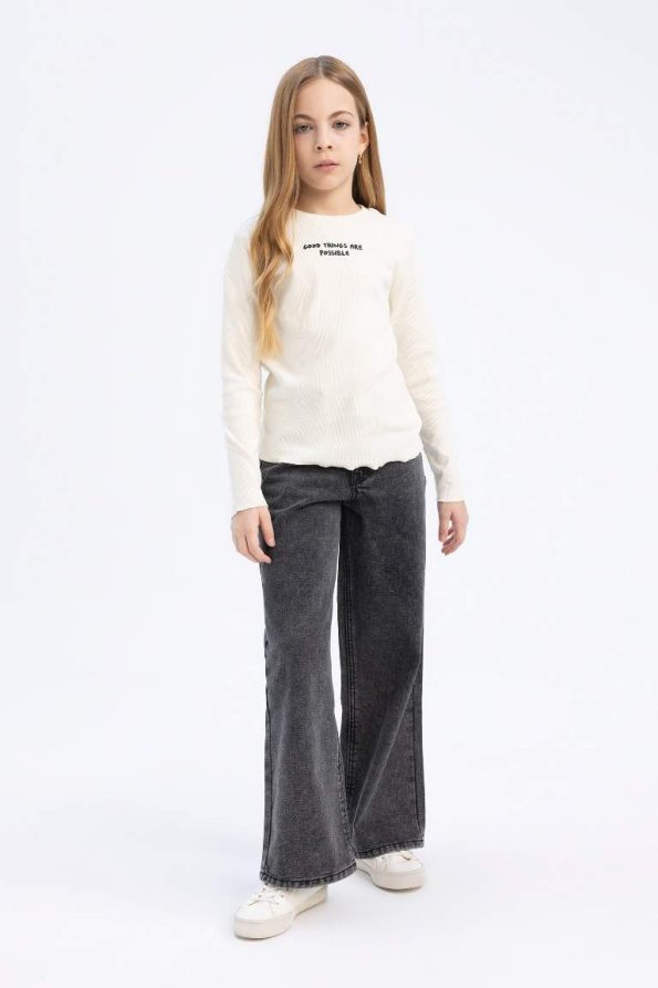 Girls' Slim Fit Printed Ribbed Long Sleeve School T-Shirt