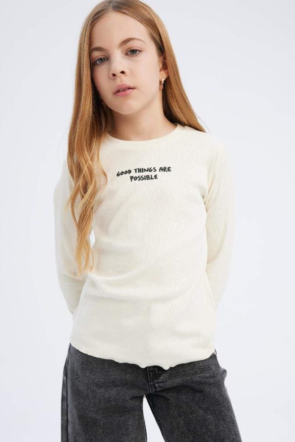 Girls' Slim Fit Printed Ribbed Long Sleeve School T-Shirt