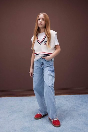 Girls' V-Neck Embroidered Knit Sweater