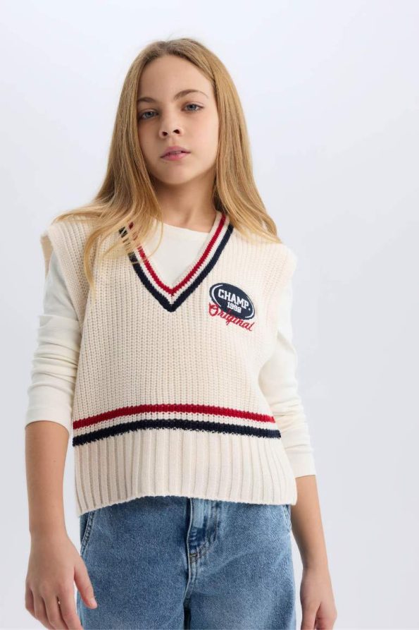Girls' V-Neck Embroidered Knit Sweater