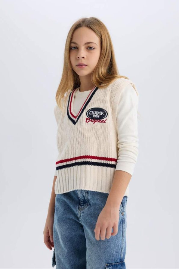 Girls' V-Neck Embroidered Knit Sweater
