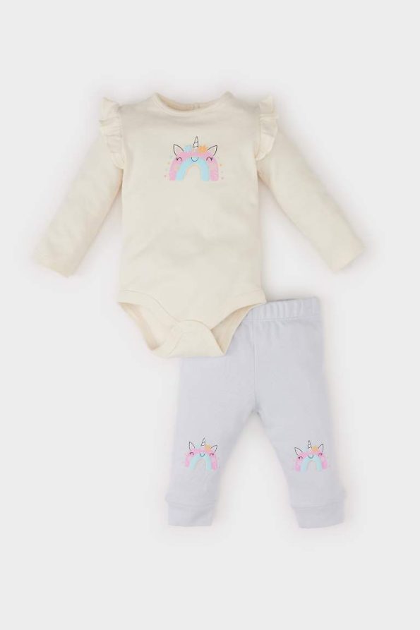 Girls' Baby 2-Piece Unicorn Print Long Sleeve Bodysuit with Elastic Waist Bottom