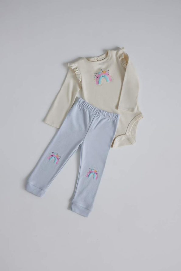 Girls' Baby 2-Piece Unicorn Print Long Sleeve Bodysuit with Elastic Waist Bottom
