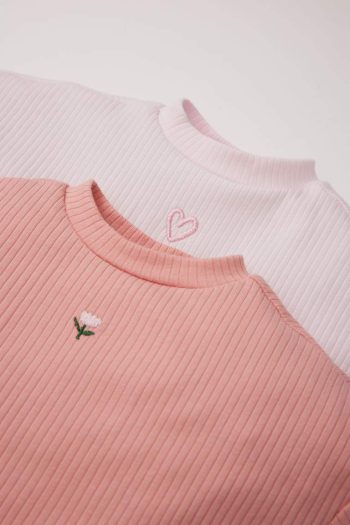 Girls' Newborn Embroidered Ribbed T-Shirt Set with Round Neck