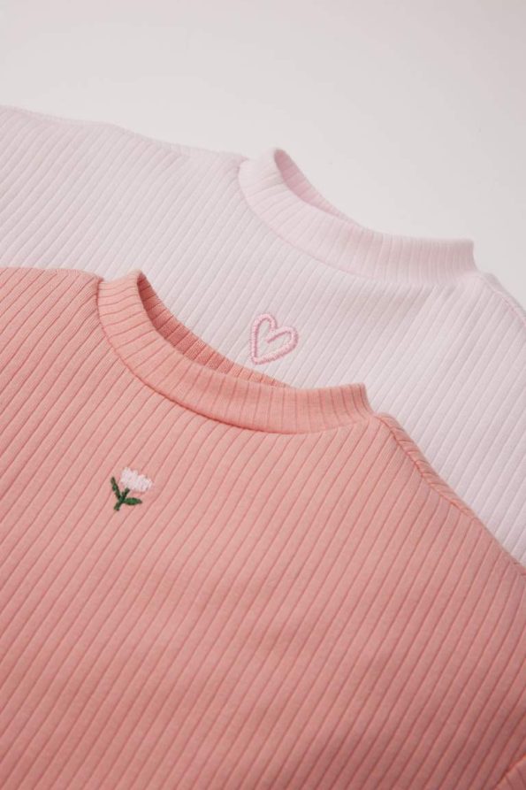 Girls' Newborn Embroidered Ribbed T-Shirt Set with Round Neck