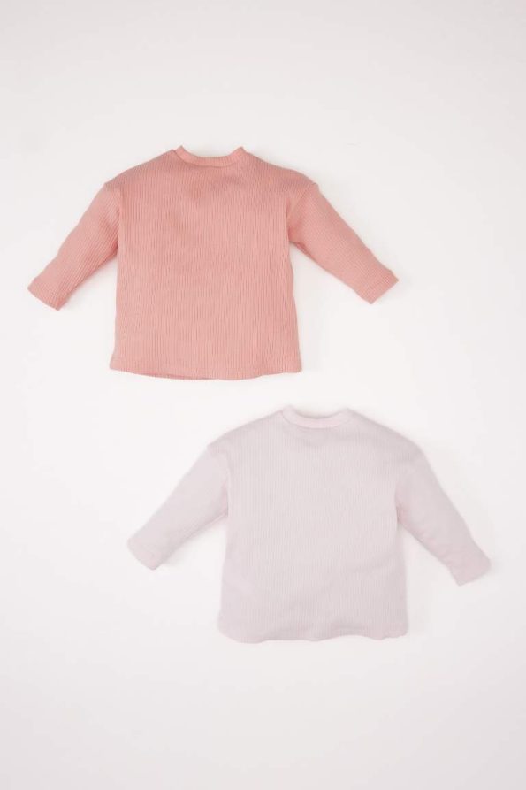Girls' Newborn Embroidered Ribbed T-Shirt Set with Round Neck