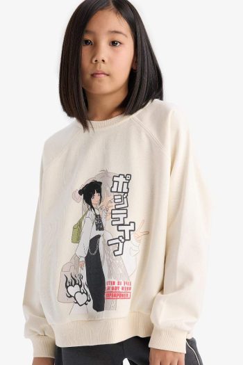 Girls' Relaxed Fit Crew Neck Anime Print Sweatshirt