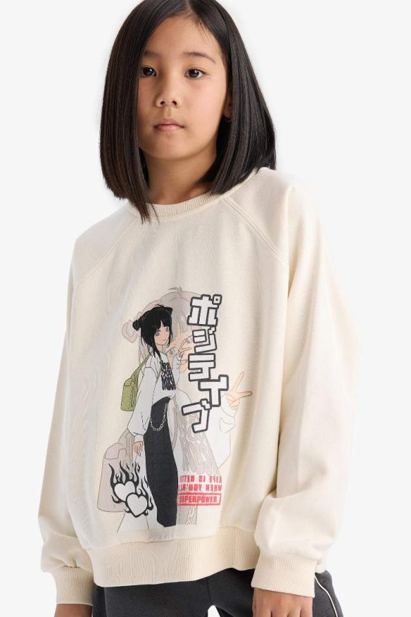 Girls' Relaxed Fit Crew Neck Anime Print Sweatshirt