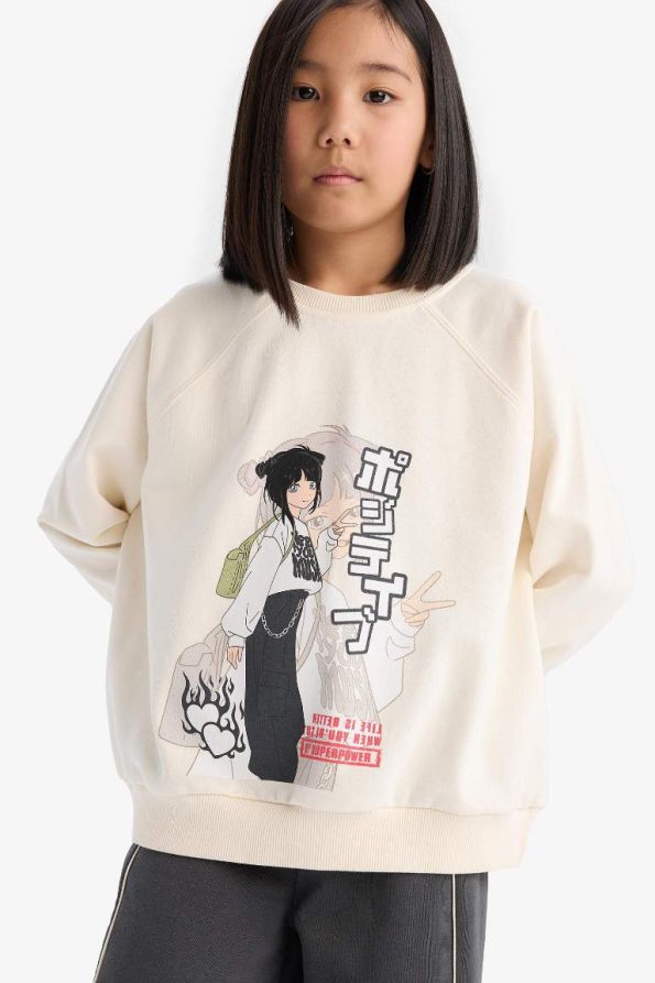 Girls' Relaxed Fit Crew Neck Anime Print Sweatshirt