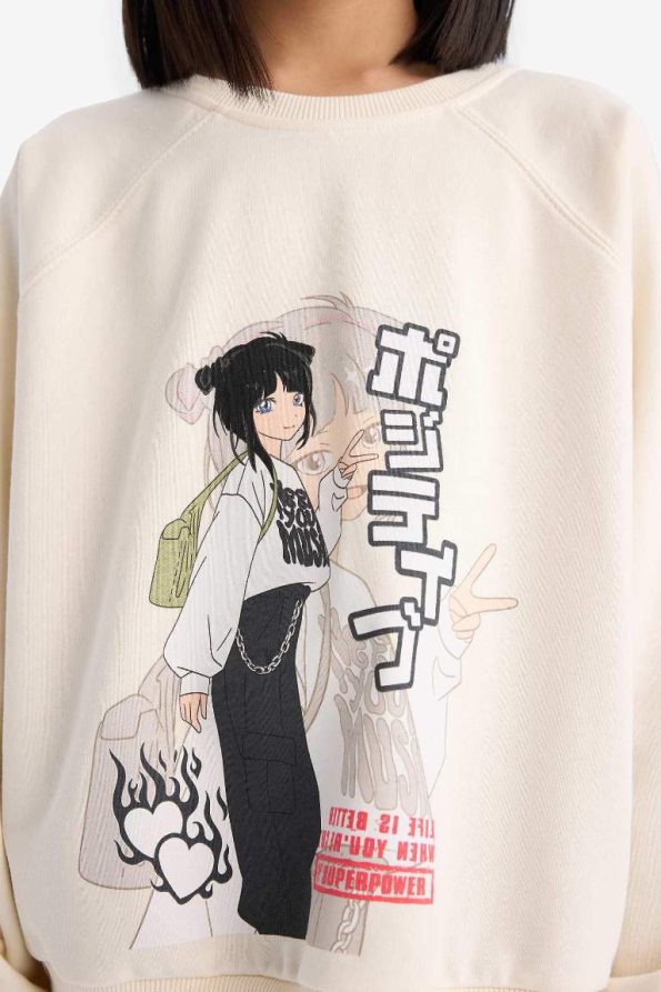 Girls' Relaxed Fit Crew Neck Anime Print Sweatshirt