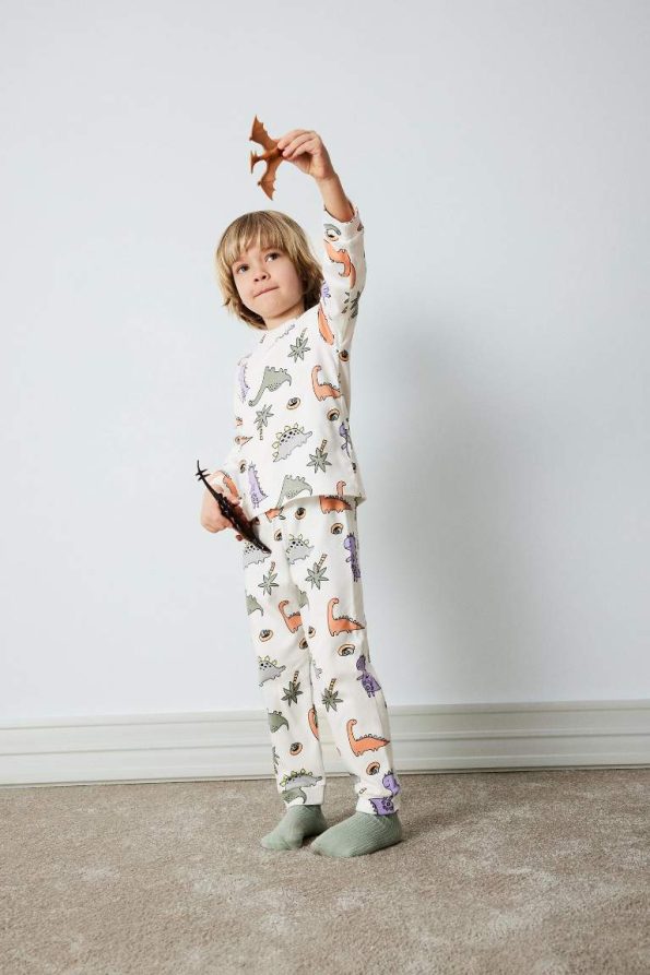 Boys' Dinosaur Print Pajama Set with Long Sleeves and Elastic Waist Pants