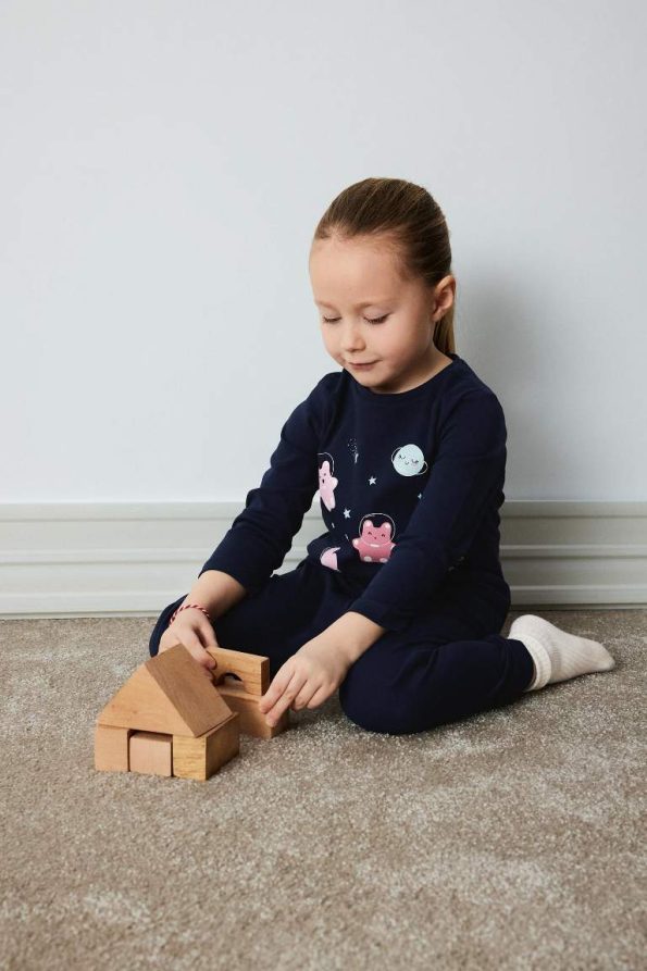 Girls' Baby Pajama Set with Space Print Long Sleeve Top and Elastic Waist Long Bottoms
