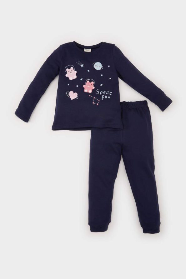 Girls' Baby Pajama Set with Space Print Long Sleeve Top and Elastic Waist Long Bottoms