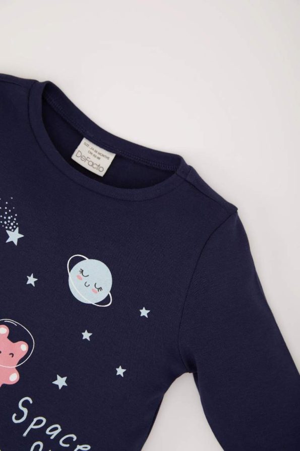 Girls' Baby Pajama Set with Space Print Long Sleeve Top and Elastic Waist Long Bottoms