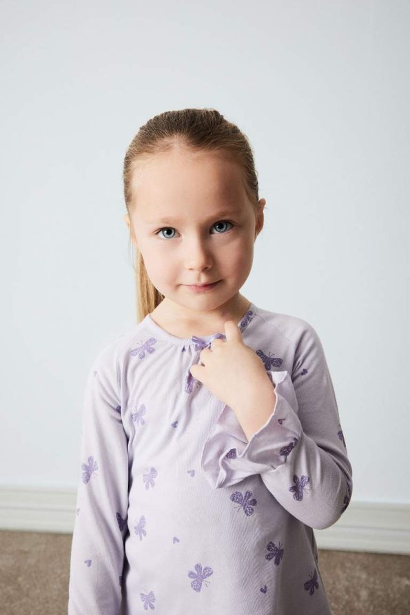 Girls' Baby Pajama Set with Butterfly Print Long Sleeve Top and Elastic Waist Long Pants