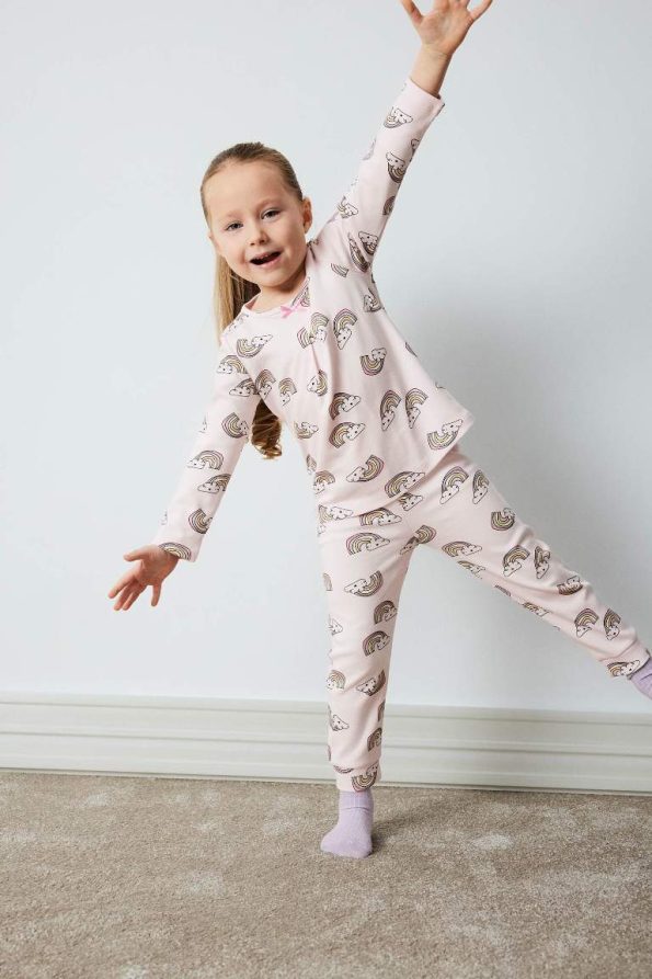 Girls' Baby Pajama Set with Rainbow Print Long Sleeve Top and Elastic Waist Long Pants
