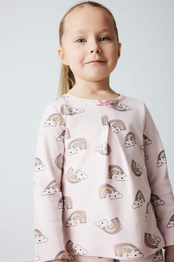 Girls' Baby Pajama Set with Rainbow Print Long Sleeve Top and Elastic Waist Long Pants