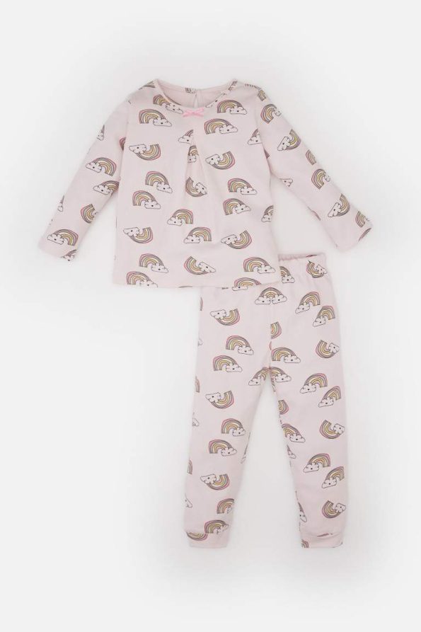 Girls' Baby Pajama Set with Rainbow Print Long Sleeve Top and Elastic Waist Long Pants