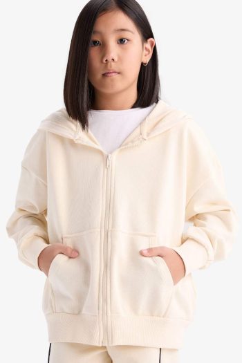 Girls' Hooded Basic Plain Pocket School Zip-Up Sweatshirt