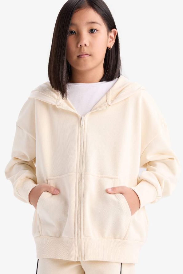 Girls' Hooded Basic Plain Pocket School Zip-Up Sweatshirt