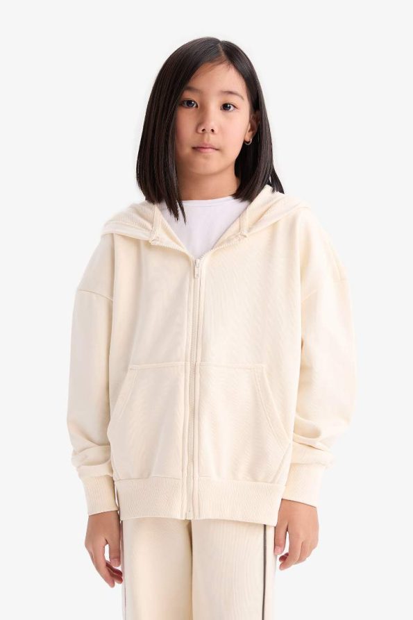 Girls' Hooded Basic Plain Pocket School Zip-Up Sweatshirt
