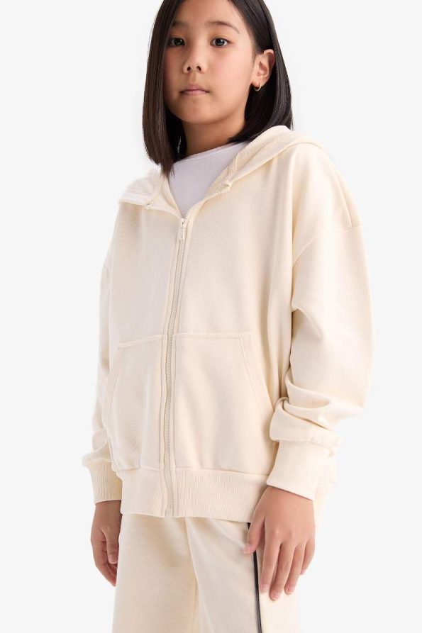 Girls' Hooded Basic Plain Pocket School Zip-Up Sweatshirt