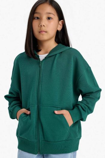 Girls' Hooded Basic Plain Pocket School Zip-Up Sweatshirt