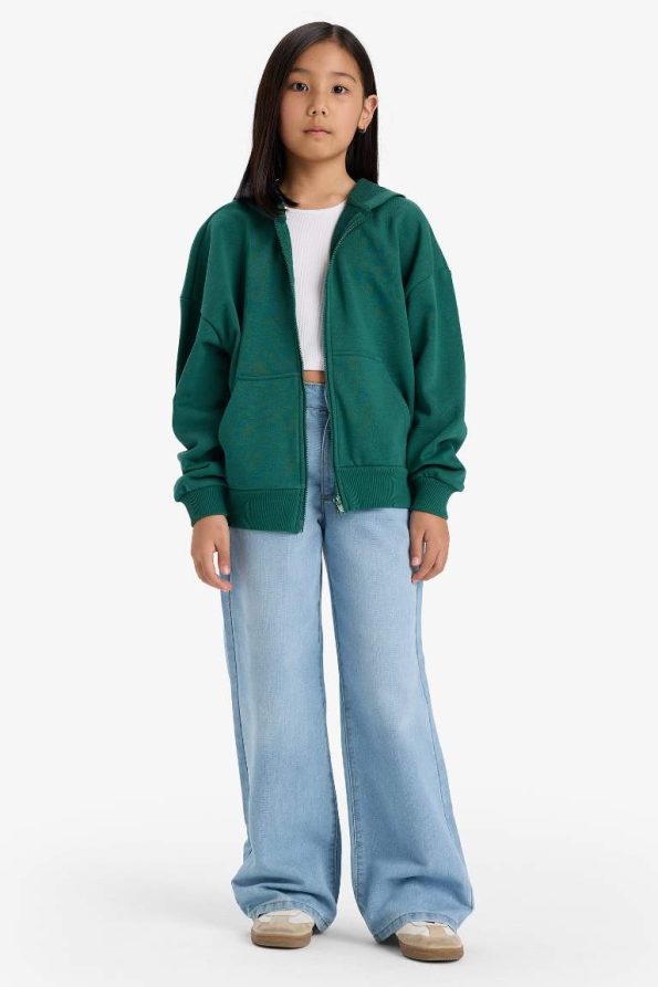 Girls' Hooded Basic Plain Pocket School Zip-Up Sweatshirt