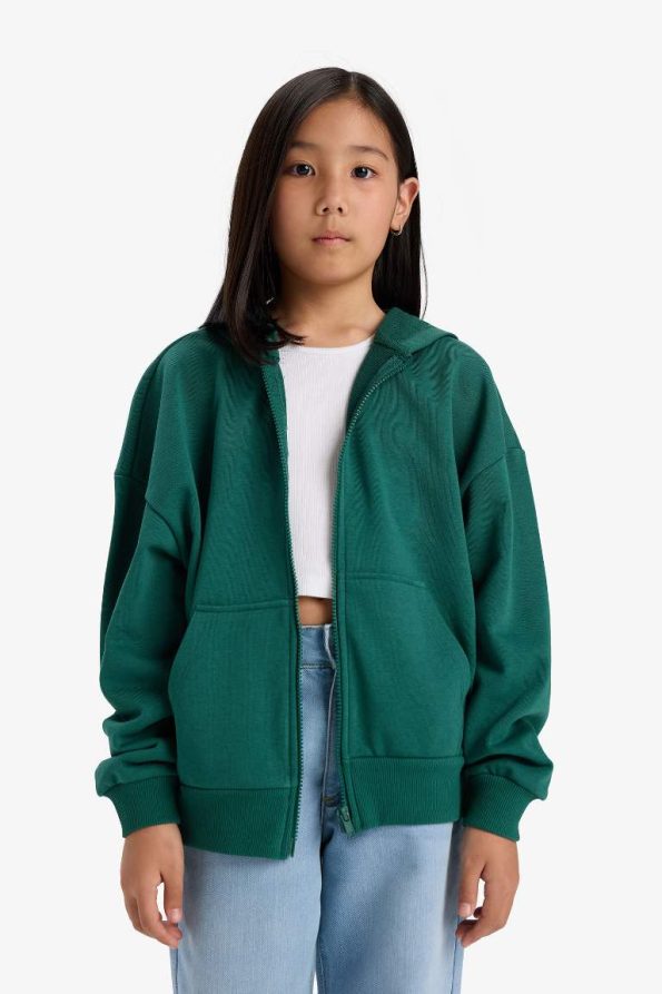 Girls' Hooded Basic Plain Pocket School Zip-Up Sweatshirt