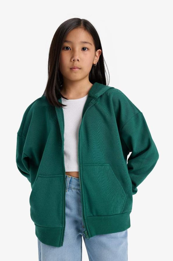 Girls' Hooded Basic Plain Pocket School Zip-Up Sweatshirt