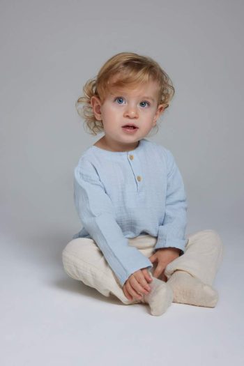 Boys' 2-Piece Set with Long Sleeve Muslin Top and Elastic Waist Bottom